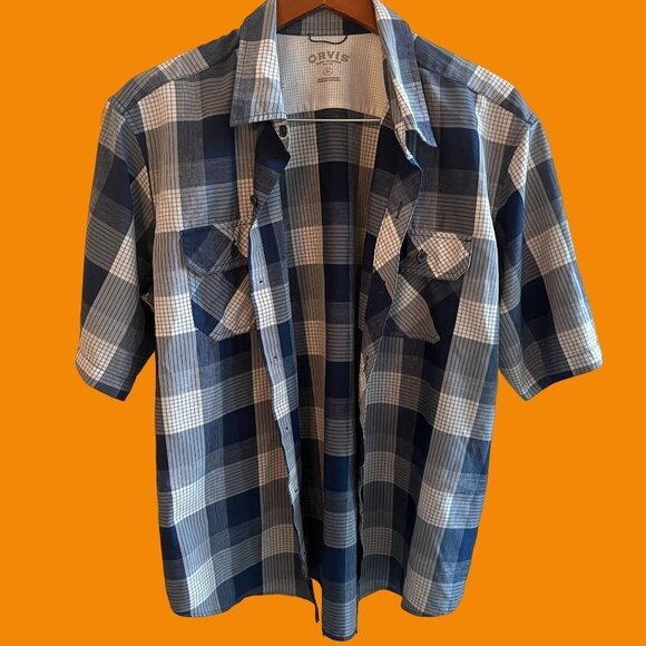 Orvis‎ Western Plaid Shirt Mens XL Blue Button Down Short Sleeve - Picture 1 of 11